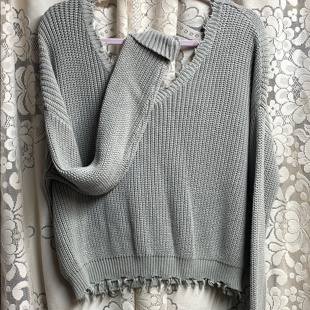Jessica Simpson Olive Green V-Neck Ribbed Sweater 100% Cotton - Picture 5 of 6